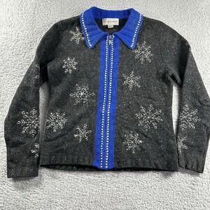 VINTAGE Wool Christmas Sweater Womens Small Gray Full Zip‎ Embroidered Stitched